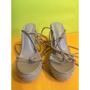 Fashion Nova Women's Nude Faux Leather Lace Up Wedges 4" Heel / Wedge Size 9